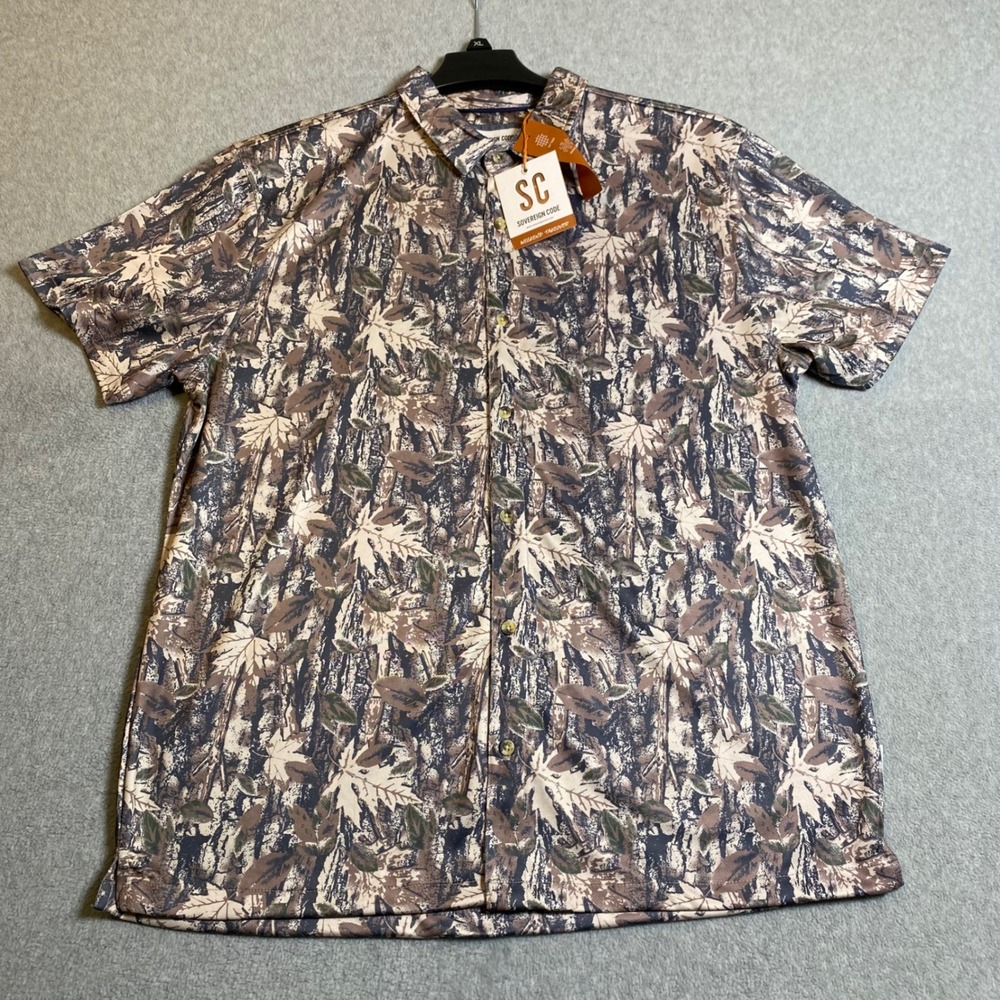 Sovereign Code Rigley Shirt Mens Sz L Brown Camo Leaf Print Weekend Takeover NWT